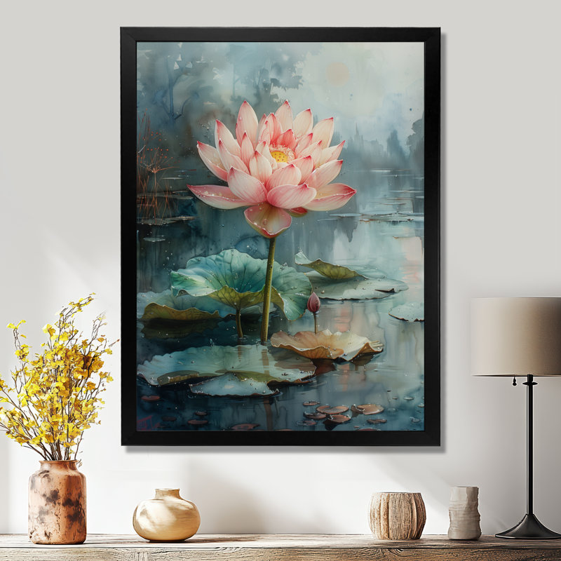 Rose, rose, vert, sacré, fleur, salon, lotus, H 12 po x l 20 po, Cadre simple noir