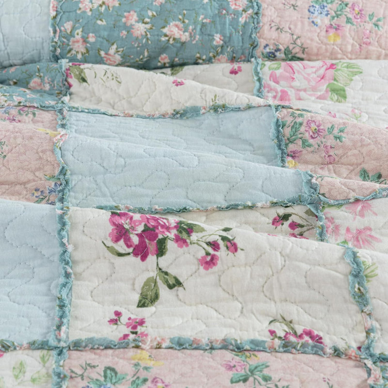 Pre-Washed Cotton Floral Ruffled Patchwork Quilt Set, King Quilt + 2 Standard Shams, Multicolor