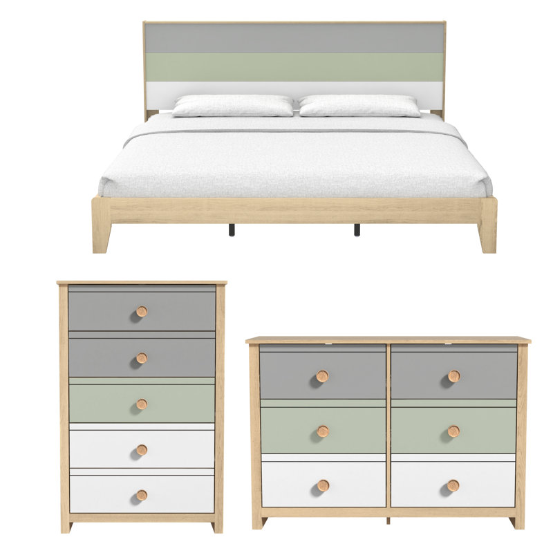 Ensemble de chambre à coucher 3 pièces Buzice, Brun / beige / gris / vert / blanc