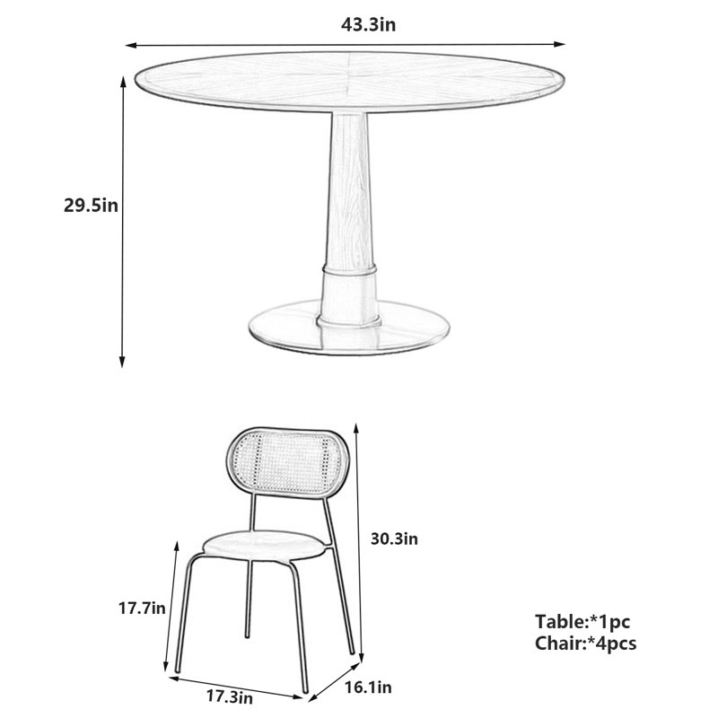 Table de salle à manger Retro, H 29,5 po x l 43,3 po x L 43,3 po