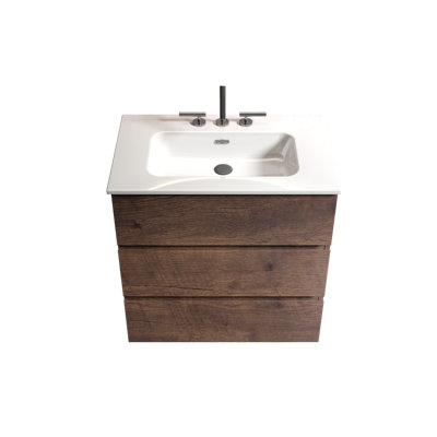 " modern walnut bathroom vanity with 3-hole white sink basin, freestanding storage cabinet, pre-assembled (no faucet)