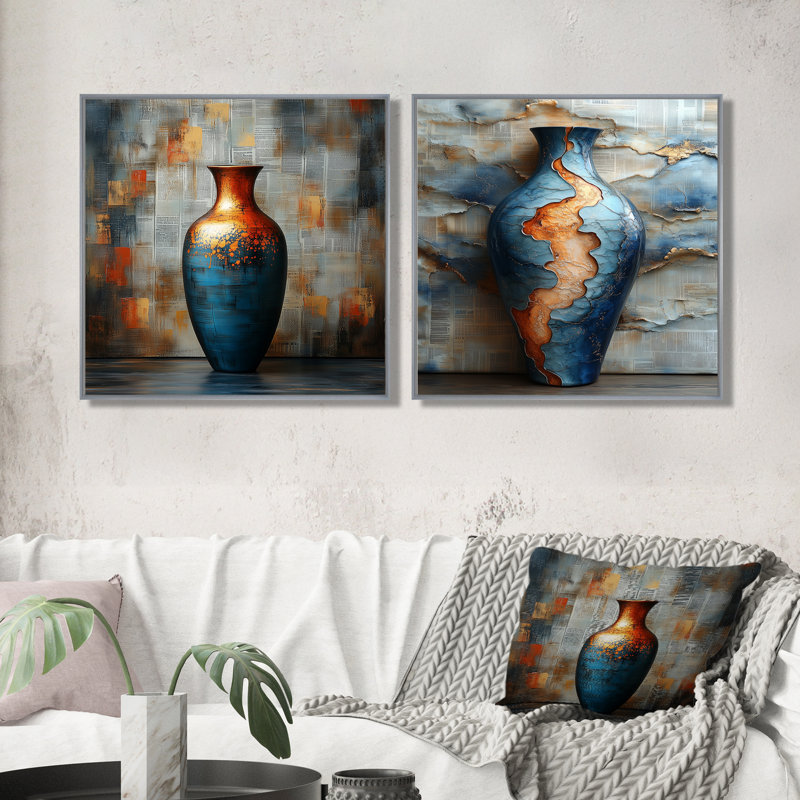 «Golden Blue Celestial Pottery Dreams III - Boho Pottery Wall Art - Art mural traditionnel pour le salon 2 pièces