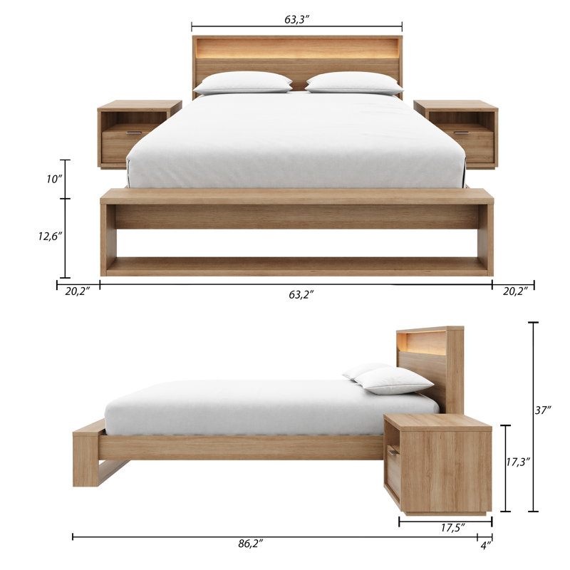 Ensemble de chambre avec grand lit et tête de lit 4 pièces avec éclairage intégré Deangelis, Brun