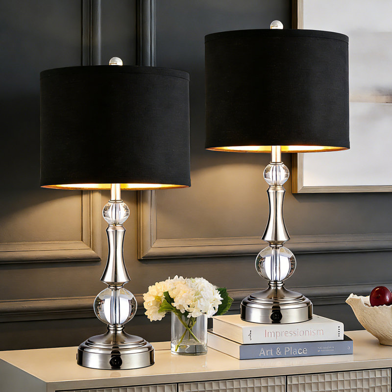 Table Lamp Set of 2 with Crystal Accents & Built-In USB Ports – Elegant Silver Bedside Lamps with Free LED Bulbs
