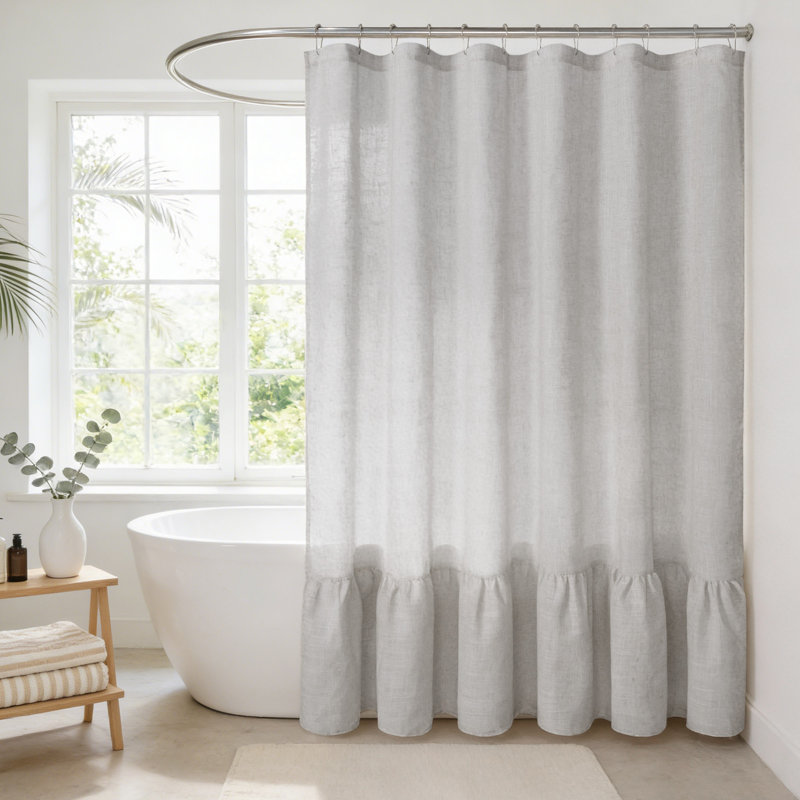 Rideau de douche en mélange de lin avec ourlet à volants, H 72 po x l 72 po, Gris tourterelle
