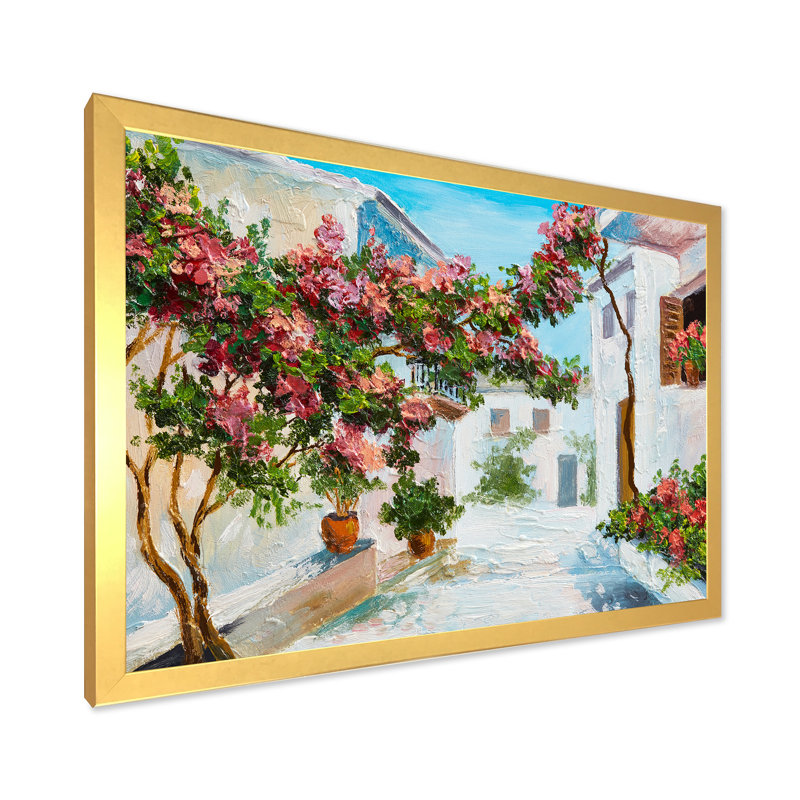 Maison blanche avec des fleurs en fleurs près de la mer - Peinture sur toile, H 24 po x l 32 po x P 1 po, Cadre doré