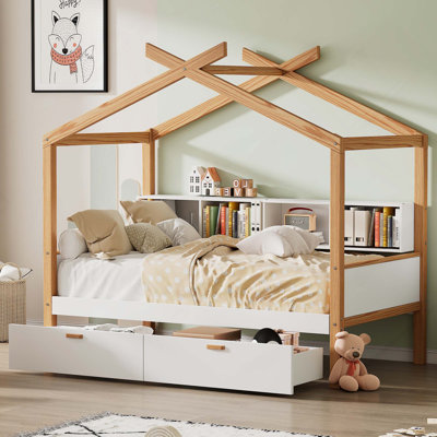 Lit en bois avec lit gigogne à 2 tiroirs et bibliothèque pour enfants ou chambre d'amis