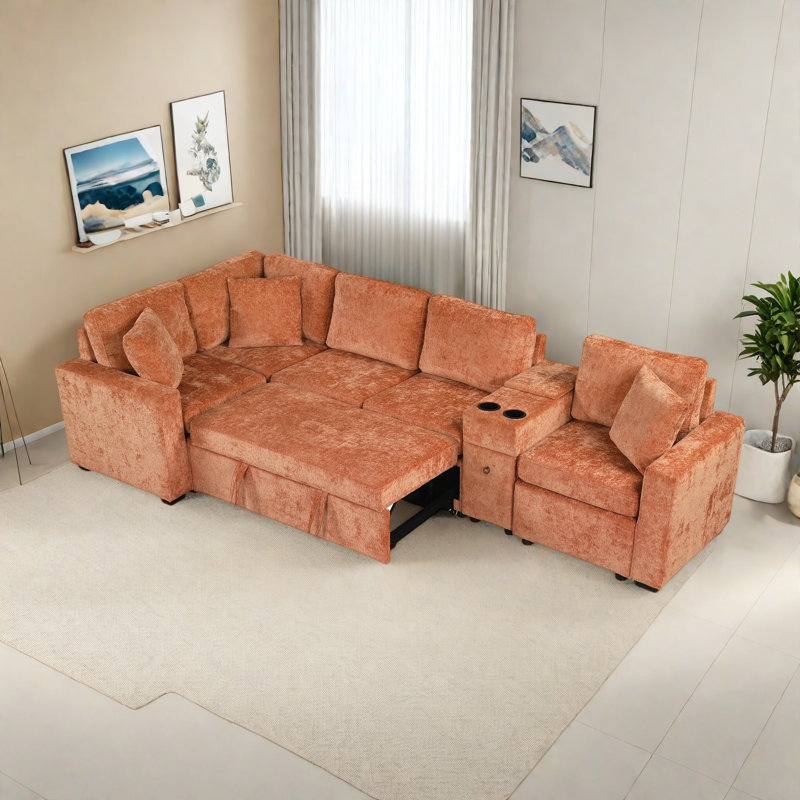 Canapé modulaire convertible en L avec lit escamotable, porte-gobelets, 3 coussins et beaucoup d'espace de rangement