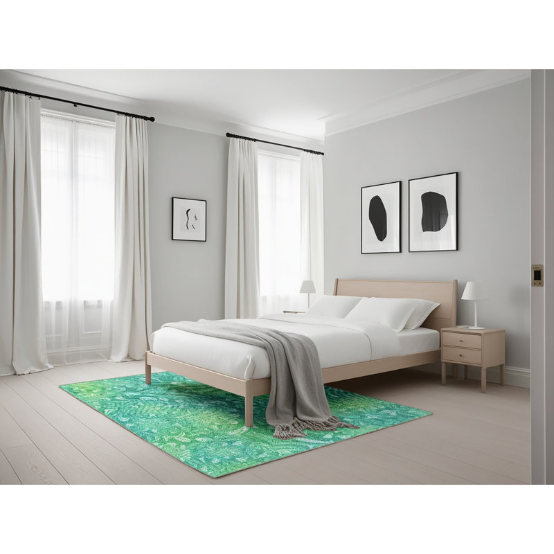 Tapis vert/jaune à motifs, Rectangle 5 pi x 7 pi
