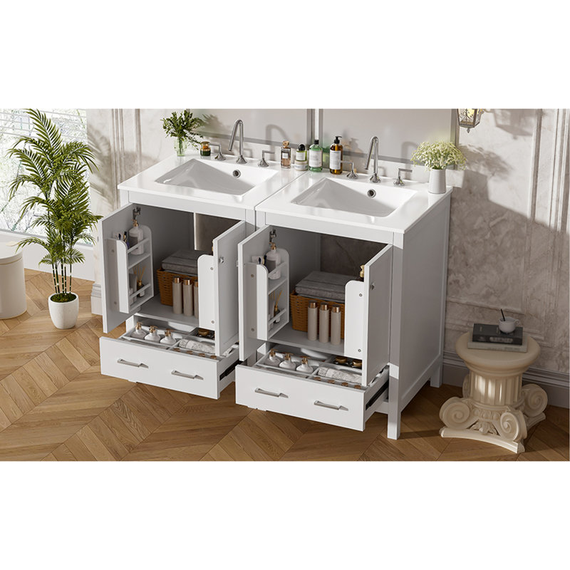 Meuble-lavabo de 48 pouces avec lavabo encastré intégré, armoire de rangement, portes à fermeture en douceur, tiroir divisé et tablette à double couche pour un rangement polyvalent