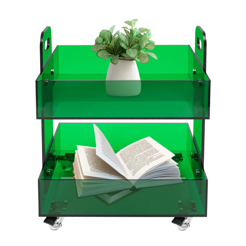 2-Layer Freestanding Half-Clear Acrylic Side Table Storage Rack With 4 Wheels Green, Green