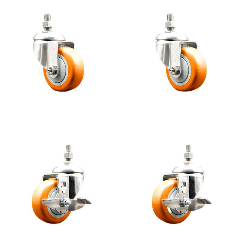 Ensemble de 3 roulettes à tige filetée en polyuréthane pivotant 12 mm 3 pouces et 2 freins