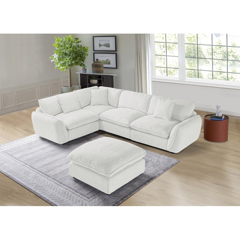 Canapé modulaire rembourré 5 pièces avec canapé et repose-pieds, Polyester blanc