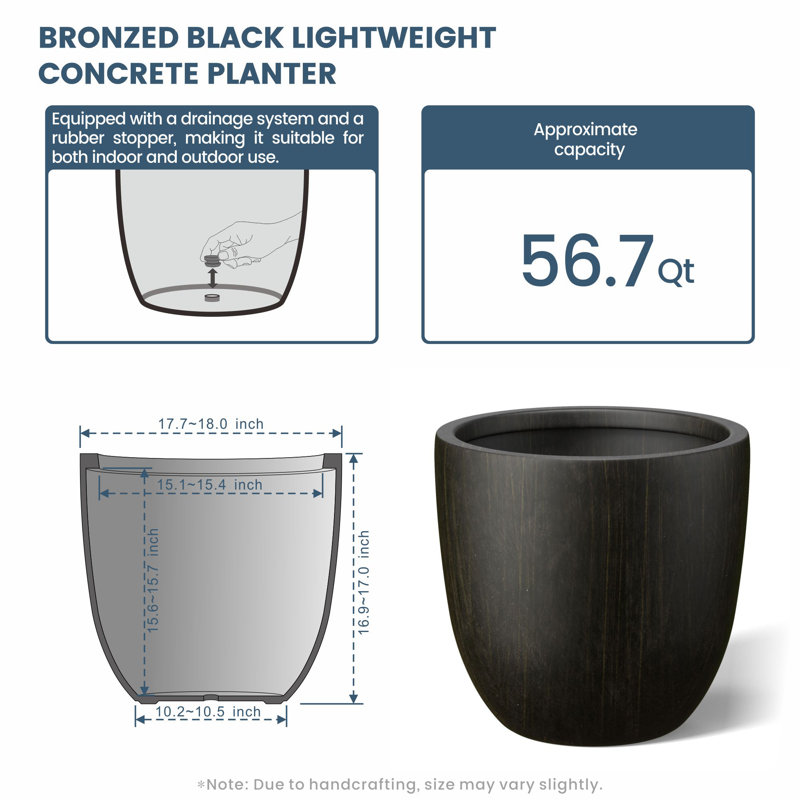 Concrete Round Planter / Pot With Drainage Holes, Bronzed Black, 12" H x 14" W x 14" D