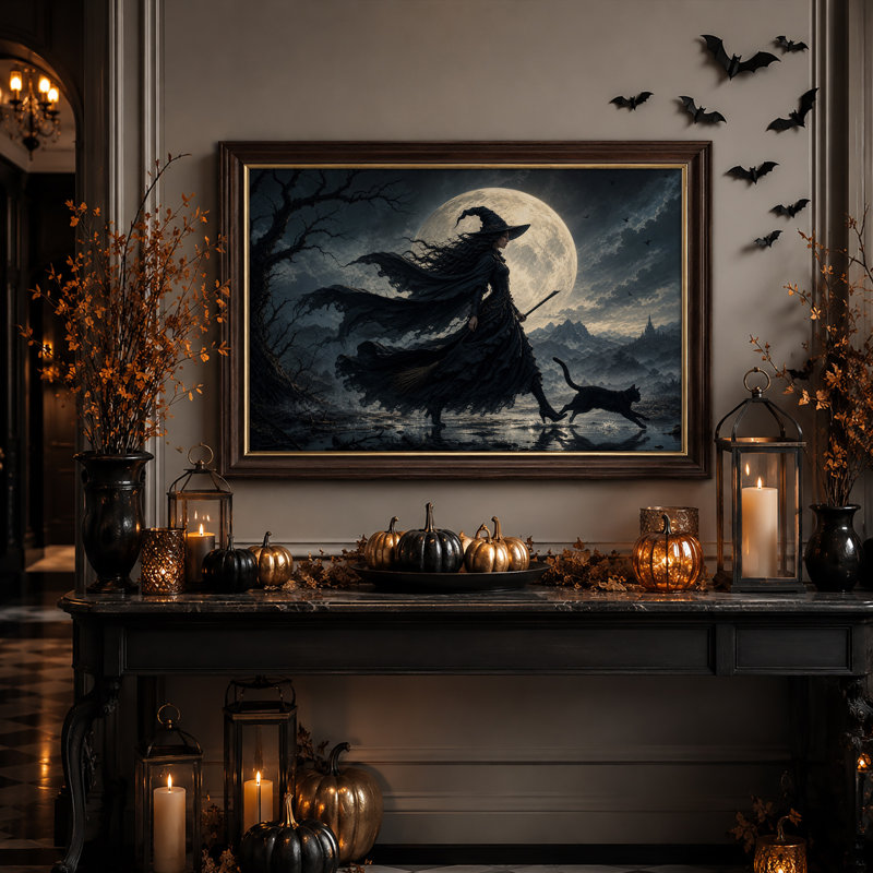 Sorcière en cape noire marchant avec un chat sous une toile murale d'Halloween, 12"H x 18"W
