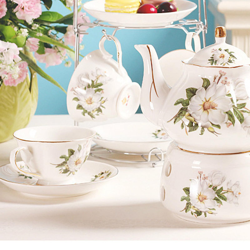 Ensembles-cadeaux en céramique café et thé, ensemble de thé de luxe européen, convenant comme cadeau pour la fête des mères, l'anniversaire, Noël et les rassemblements (pivoine blanche)