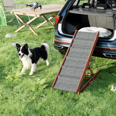  Adjustable Solid Wood Dog Ramp For Bed/Couch/Car - Folding Design, Non-Slip Carpet, 12"-24" Height, 200LBS Capacity, 39.75"X14