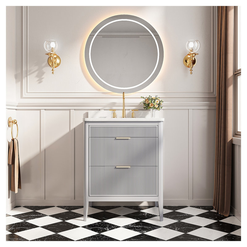 Meuble-lavabo autoportant gris de 76 cm (30 po) entièrement assemblé, avec un seul lavabo, un dessus en marbre reconstitué et des tiroirs à fermeture amortie.