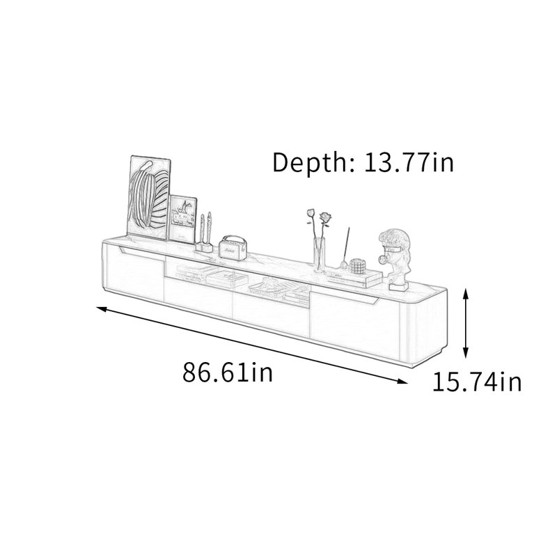 Meuble télé avec rangement en pierre agglomérée, H 15,74 po x L 86,61 po x l 13,77 po