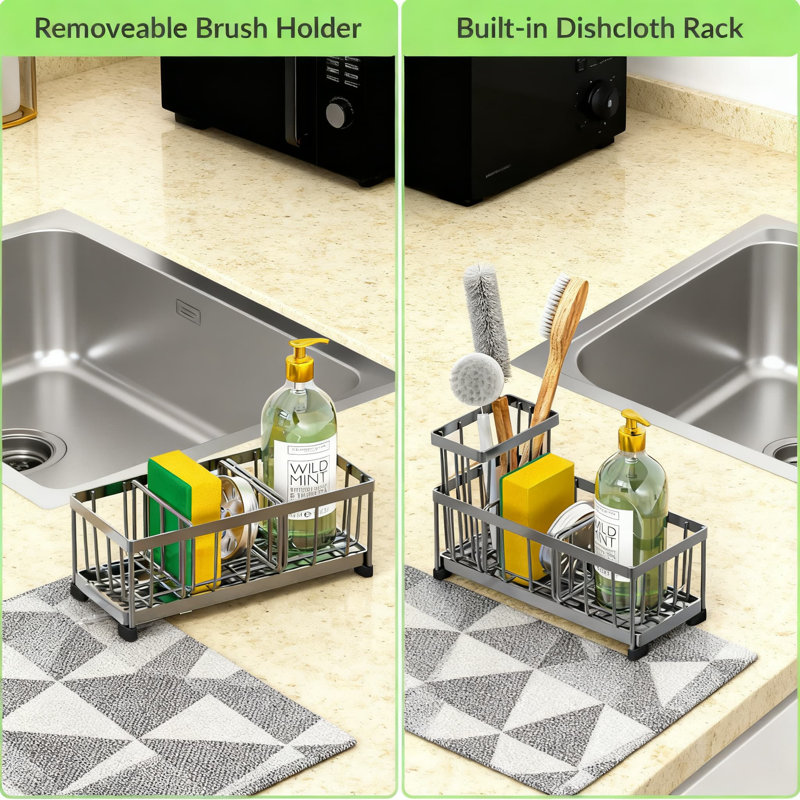 Serviteur d'évier de cuisine autodrainant avec porte-brosse surélevé, éponge multi-usages en acier inoxydable antirouille et organisateur de récureur pour comptoir