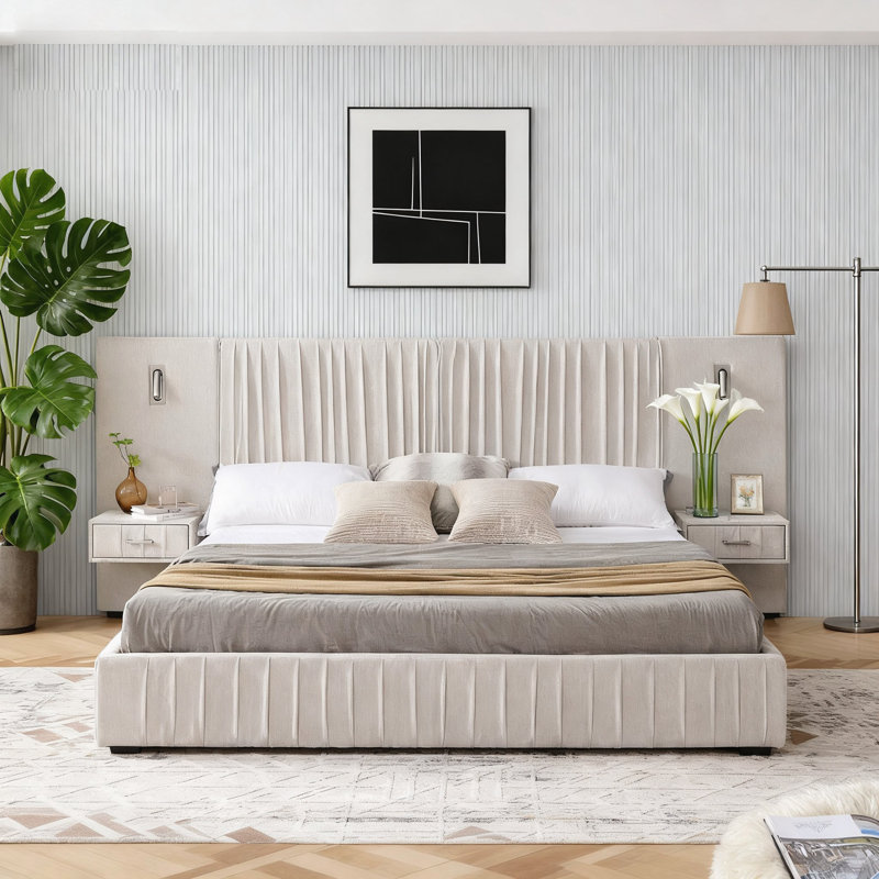 King Size Upholstered Bed Frame, Beige, King