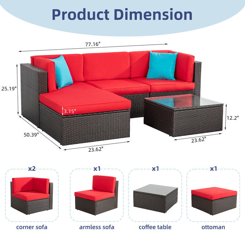 Ensemble de conversation modulaire en rotin 4 pièces avec coussins, Rouge