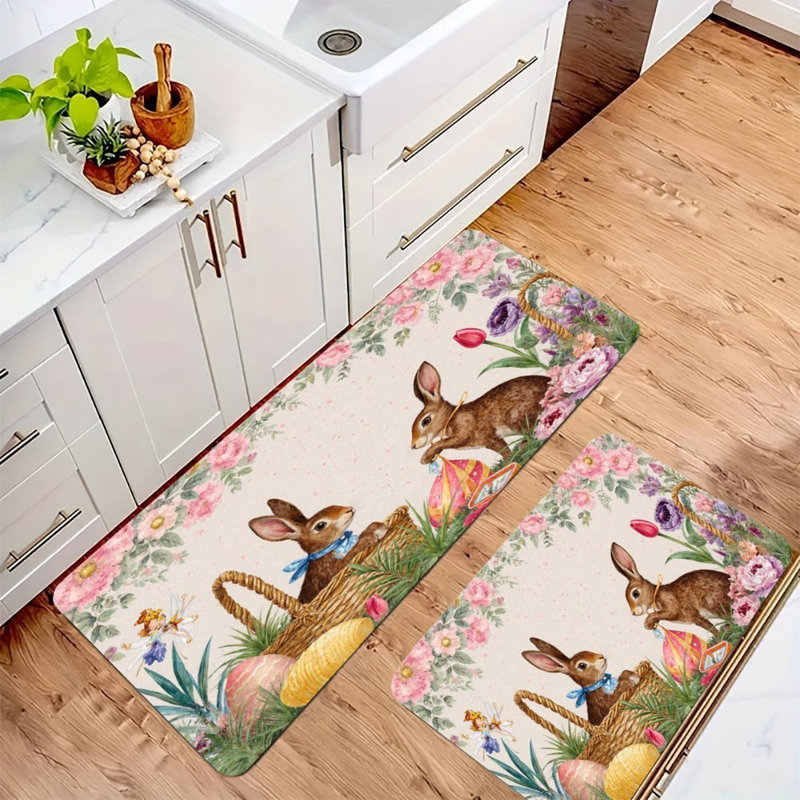 Ensemble de 2 lapins avec paniers de Pâques et tapis de cuisine, Lapins avec paniers de Pâques