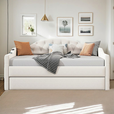 Beige Velvet Twin Size Daybed With Tufted Upholstery & Trundle, USB & Type-C Charging Ports, No Box-Spring Required -  Everly Quinn, CBB8E0FA36DF463FA0D838032ED9B27D