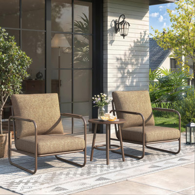 3 Piece Patio Outdoor Aluminum Chair with Coffee Table and 6" Thickened Cushions, Brown
