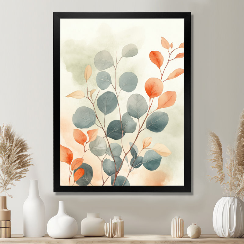 Eucalyptus et feuilles d'ambre - Impression sur toile encadrée à thème botanique, H 44 po x l 34 po, Cadre photo noir