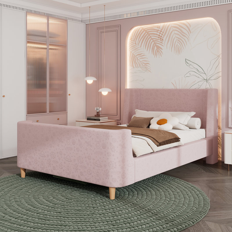 3FT Velvet Upholstered Bed, Pink