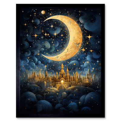 Golden City In The Clouds Surreal Artwork Moon Starry Night - Single Picture Frame Print