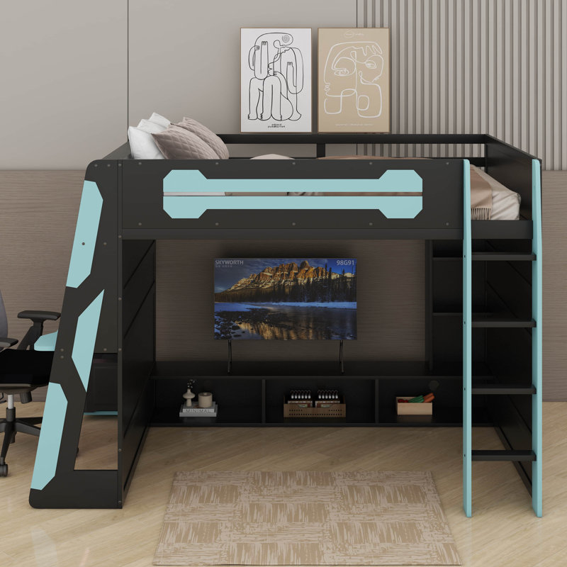 Lit mezzanine double en bois avec bureau, tablettes multiples et lumière RVB, Bleu nuage