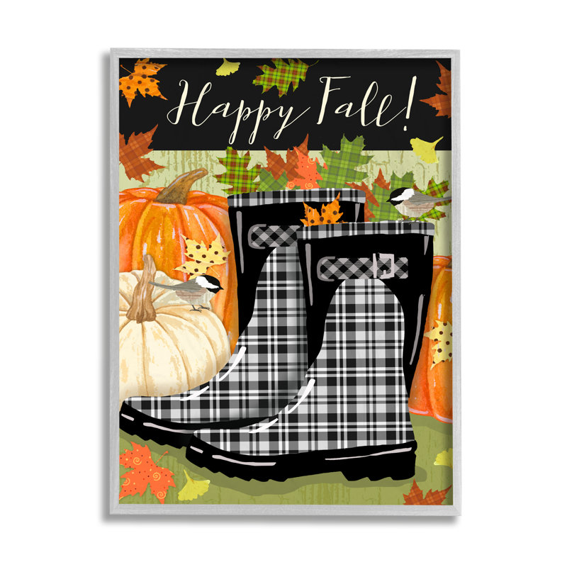 «Happy Fall Expression Black Rainboots and Pumpkins» par Andrea Tachiera - reproduction d'art, H 14 po x l 11 po x P 1,5 po