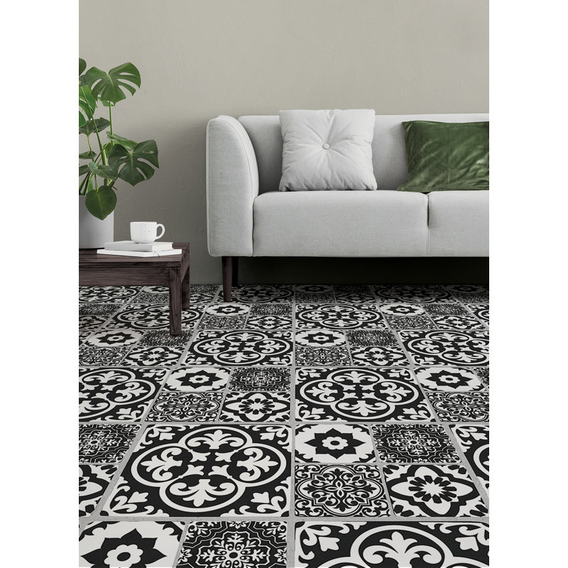 Valencia Charcoal Peel and Stick Floor Tiles, Black/White 