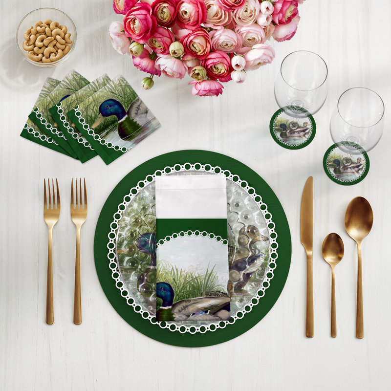  English Duck Pond Vegan Leather Round Pebble Placemat, Green