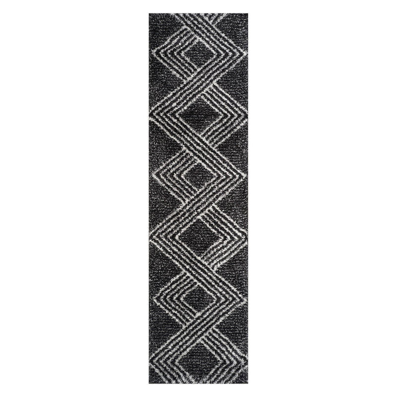 Tapis à poils longs à motif géométrique abstrait gris anthracite foncé - velours moyen, durable et élégant