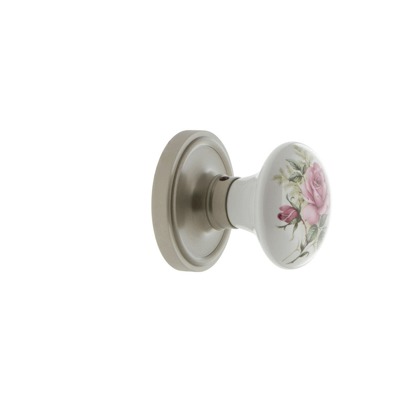Classic Rosette with White Rose Porcelain Door Knob, Satin Nickel, 2.375"