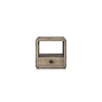 Table d'appoint en placage de chêne anglais noueux, un tiroir à fermeture automatique avec glissières en douceur, étagère ouverte pour le rangement, 60,4 cm de large, profondeur 60,3 cm, hauteur 60,3 cm et rangement fonctionnel.