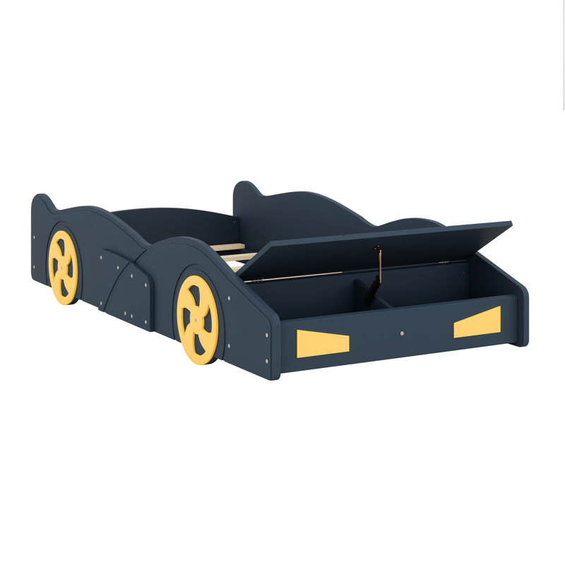 Race Car-Shaped Platform Bed With Wheels And Storage, Dark Blue