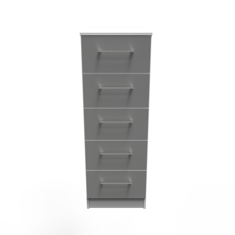 Fully Assembled Oteri 5 - Drawer Chest of Drawers, Uniform Grey Gloss/White