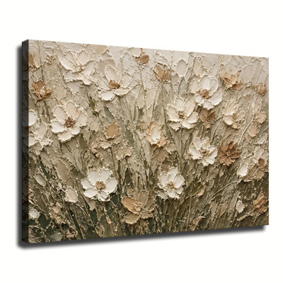 Tableau sur toile texturée en impasto représentant un champ de fleurs sauvages blanches et beiges aux tons terreux discrets