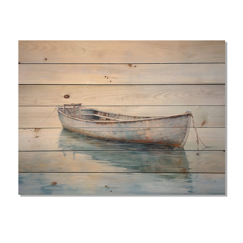 Bateau, eaux éthérées, impression sur bois naturel, H 30 po x l 40 po x P 0,78 po