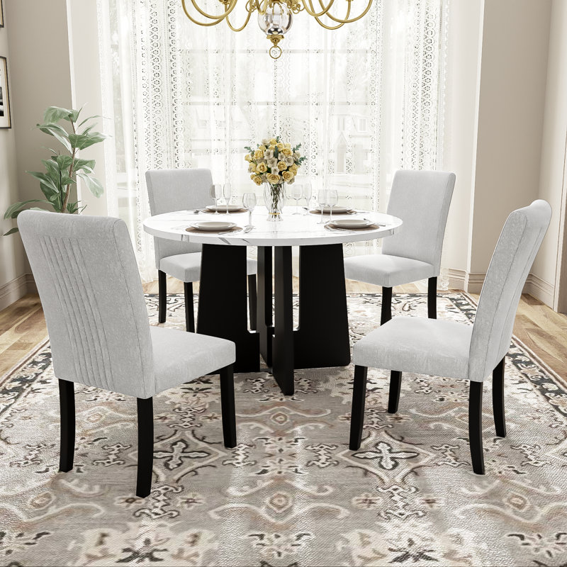 43-Inch Round Faux Marble Dining Table for 4, Mid-Century Modern Design for Home and Cafes, Black/White