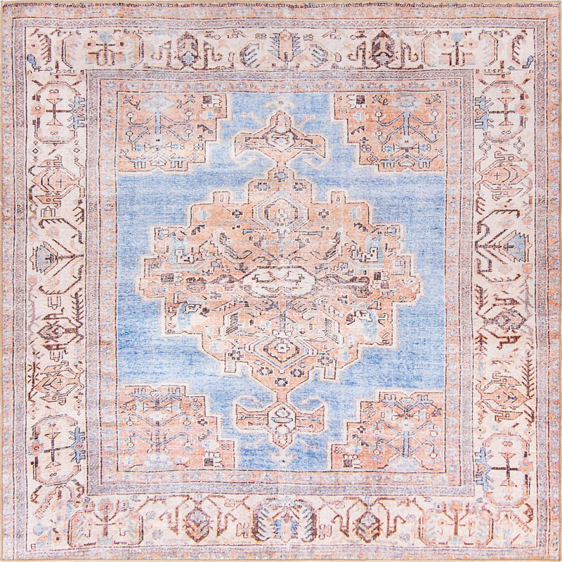 Tapis traditionnel de couleur bleu-brun, Carré 7 pi 6 po x 7 pi 6 po
