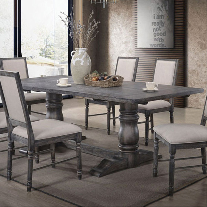 Rectangular Trestle Table With Double Turned Pedestal, Weathered Gray