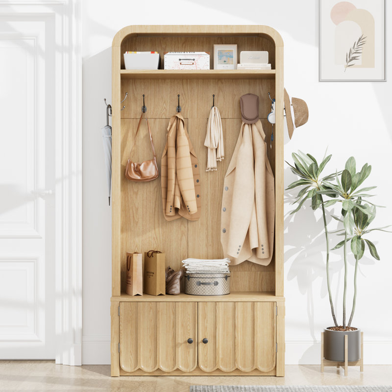 Arbre d'entrée avec tablette de rangement arquée, 8 crochets doubles, banc à chaussures renforcé, portes d'armoire festonnées et tablette à chaussures réglable, portemanteau avec banc de rangement pour chaussures pour entrée, chambre à coucher