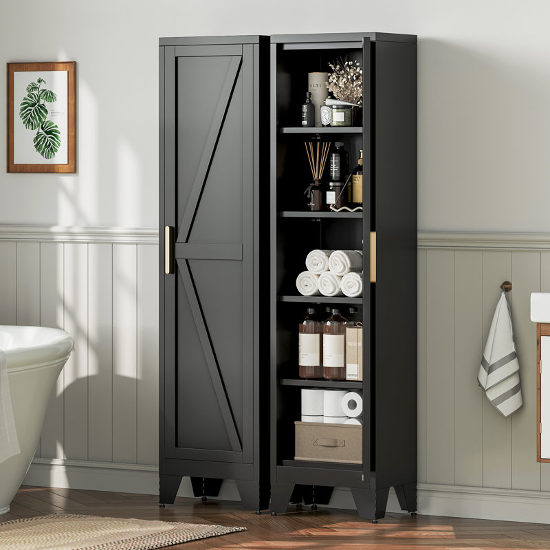 67 Inches White Slim Tall Metal Storage Cabient With Adjustable Shelves, Black
