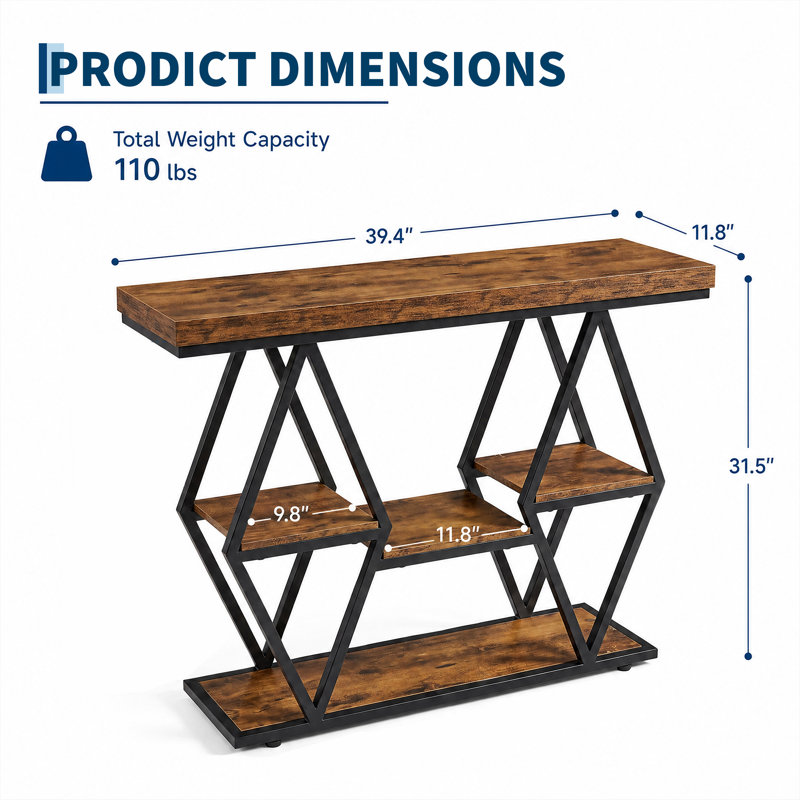 Console 39,4 po à 3 niveaux pour le salon - Canapé étroit / table d'entrée, structure en métal à losanges, tablettes de rangement ouvertes - brun rustique