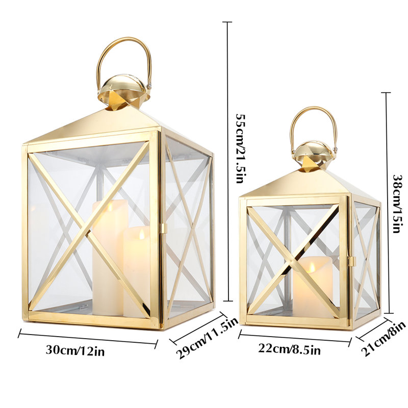 Ensemble de 2 grandes lanternes à bougie en acier inoxydable Mercer41 de 13 po de hauteur (rectangle doré), Or